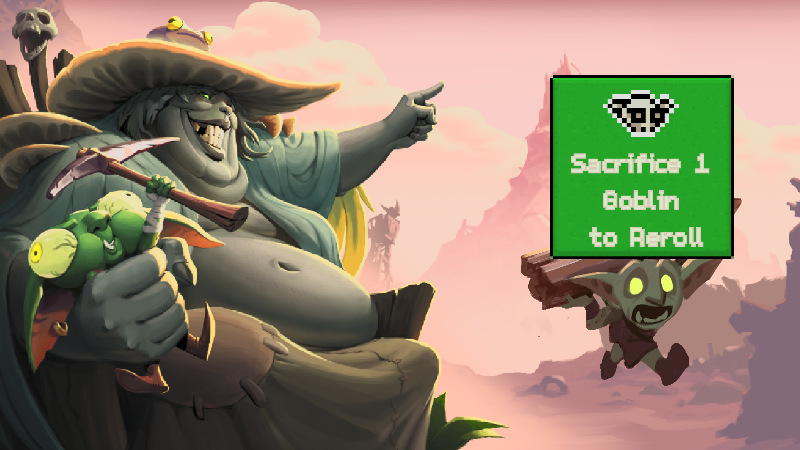 An in-game event card reading Sacrifice 1 Goblin to Reroll